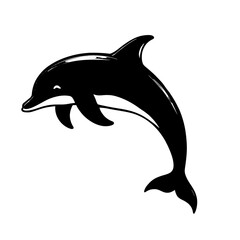 An illustration featuring a black dolphin silhouette set against a clean white background depicting a dolphin jumping with detailed fins and tail, symbolizing intelligence and joy. © Tamas