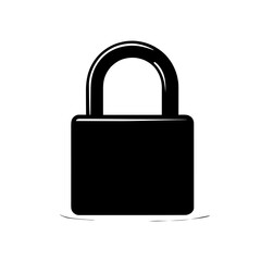 An illustration featuring a black lock silhouette set against a clean white background depicting a classic padlock with detailed shackle and body design.