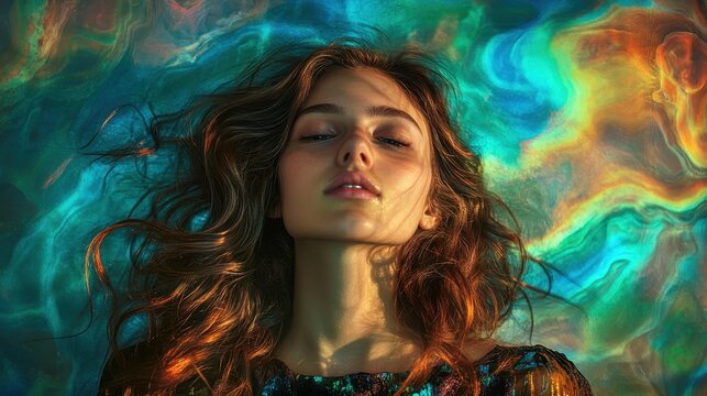 A young woman with cascade of wavy brown hair, adorned in modern attire, poses confidently against a vibrant, abstract backdrop that pulsates with hues of blue, green, and orange, exuding an aura of