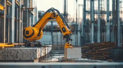 AI-powered robotic bricklayer building walls with high precision at a futuristic