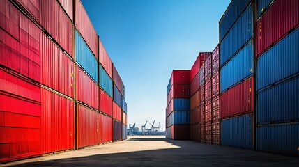 Fototapeta premium Shipping containers stacked at port terminal under clear blue sky creating industrial landscape for logistics and transportation industry.