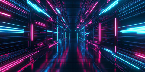 Obraz premium A hypnotic 3D abstract background featuring a neon-lit tunnel, stretching into infinite depth. The cybernetic reflections and deep gradient colors enhance the futuristic digital feel.