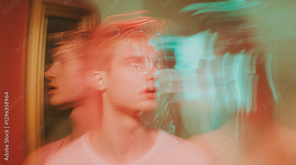 Poster distorted reflections in a mirror with blurred motion effect
