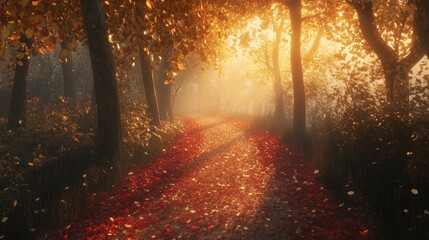 Obraz premium A dreamy autumn path in a forest, blanketed with red and gold leaves, golden sunlight creating a mystical atmosphere among the trees