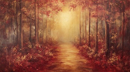 Fototapeta premium A dreamy autumn path in a forest, blanketed with red and gold leaves, golden sunlight creating a mystical atmosphere among the trees