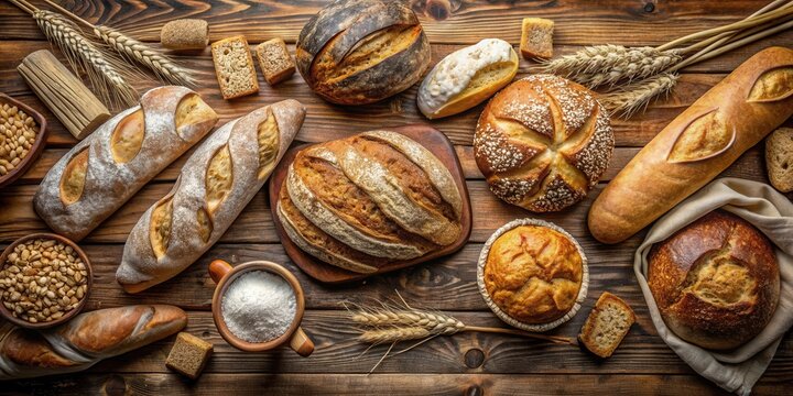 A delectable assortment of freshly baked artisan loaves, baguettes, and rolls, artfully arranged on a rustic wooden surface, accompanied by wheat stalks and grains