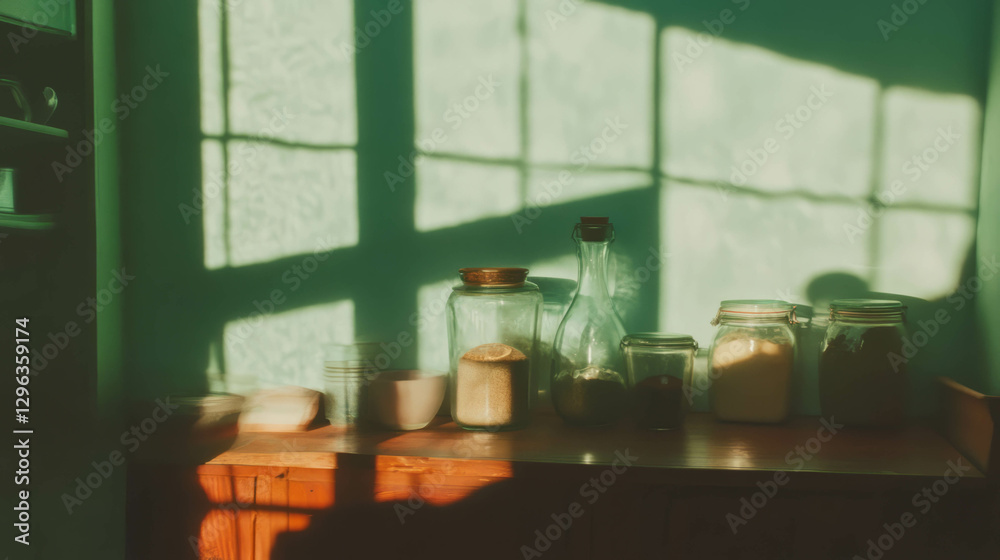 Aufkleber sunlit kitchen shelves with glass jars creating unique distorted shadows