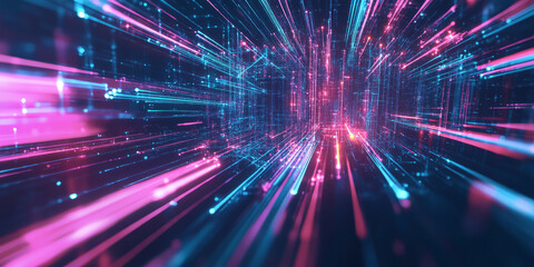 Fototapeta premium A high-tech abstract background featuring interconnected neon energy trails dynamically shifting within a futuristic digital matrix. The interplay of radiant light and fluid transitions creates a