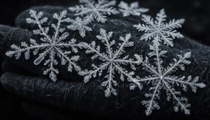 Intricate Ice Crystals Delicate Snowflakes Resting on Dark Surface Winter Wonderland Close Up Macro