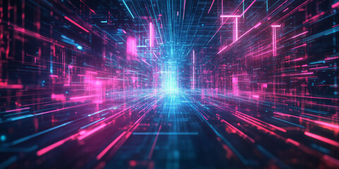 A high-tech abstract background featuring pulsating neon light streams dynamically forming an electrifying cybernetic matrix. The glowing reflections and seamless motion create a visually immersive
