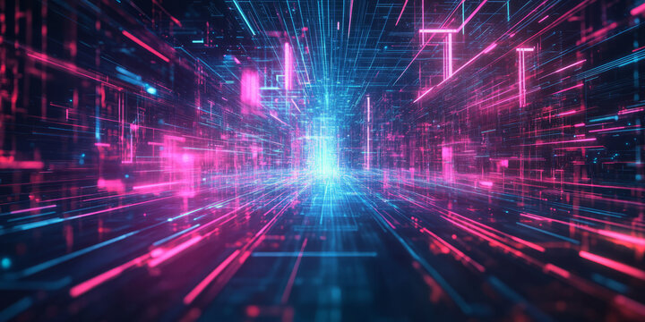 A high-tech abstract background featuring pulsating neon light streams dynamically forming an electrifying cybernetic matrix. The glowing reflections and seamless motion create a visually immersive