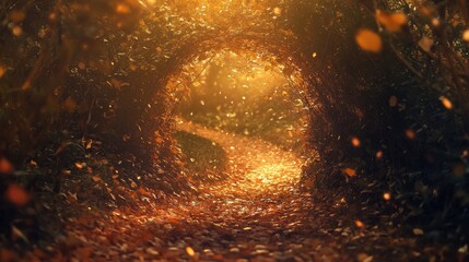A magical forest pathway covered in rich autumn leaves, glowing under soft golden sunlight filtering gently through the branches