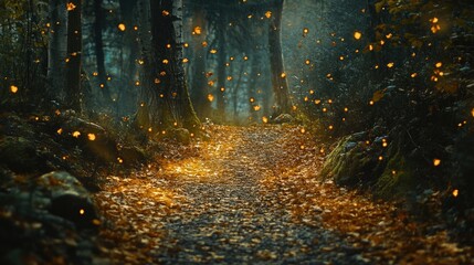 Fototapeta premium A mystical trail through a forest in autumn, with golden light illuminating the path covered in warm, colorful leaves