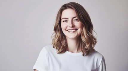 Obraz premium Smiling young woman with long hair in casual t-shirt standing against neutral background, showcasing happiness and confidence in lifestyle portrait.