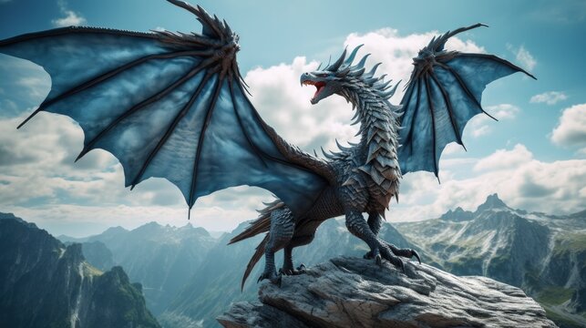 Fantasy a mysterious dangerous dragon standing on stone on dramatic sky background. AI generated