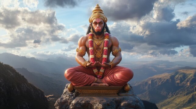 Lord hanuman ji on parvat stand virat panchmukhi hamuman ji glaxy background