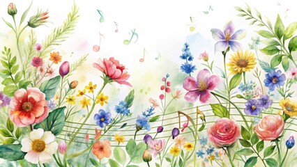 A Serene Watercolor Painting of Blossoming Flowers and Musical Notes, a Harmonious Blend of Nature's Beauty and Melody