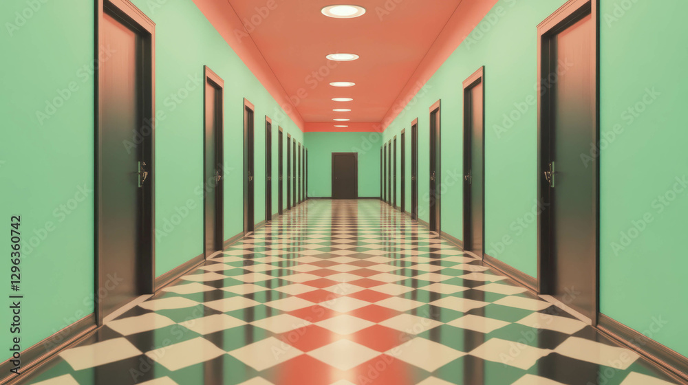 Poster Surreal endless hallway with repeating doors and checkered floor pattern