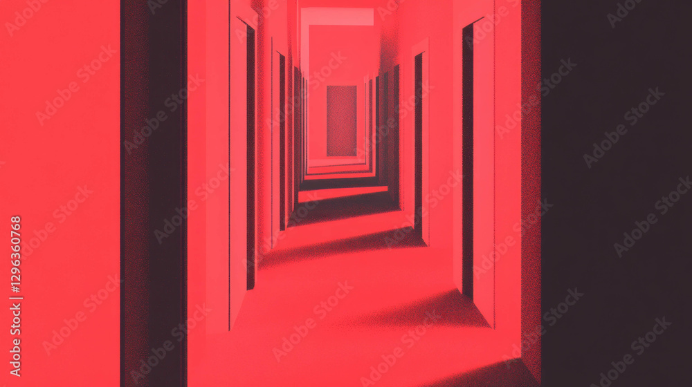 Aufkleber abstract concept of infinite hallways with repeating doors in vibrant red design