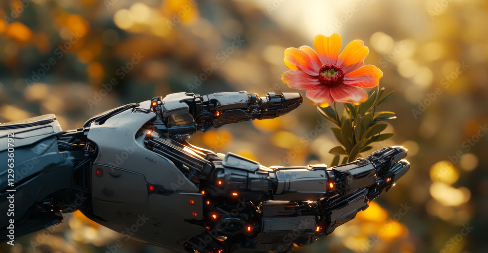 Poster a humanoid robot gently holds a vibrant flower in its hand, symbolizing harmony between technology a