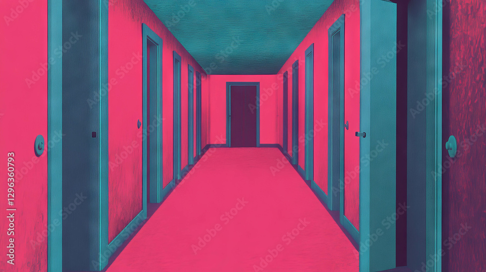 Poster surreal endless hallways with repeating doors for interior design and architecture concepts