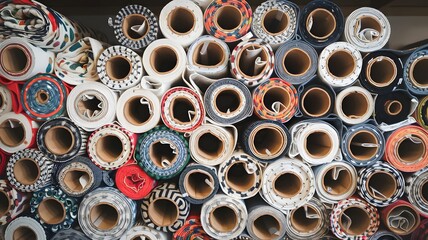 A collection of fabric rolls in varying patterns, neatly stacked.