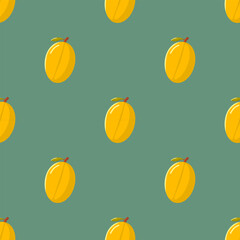 Seamless pattern with yellow mango on a green background. Vector. Perfect for textile, wallpaper, packaging, and digital prints.