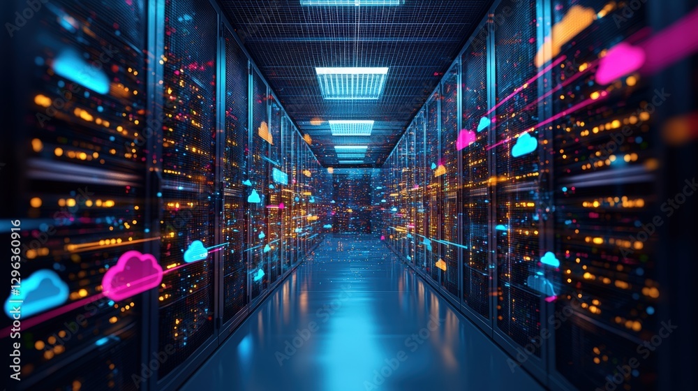 Poster server rack in modern data center with multiple network connections and led indicators
