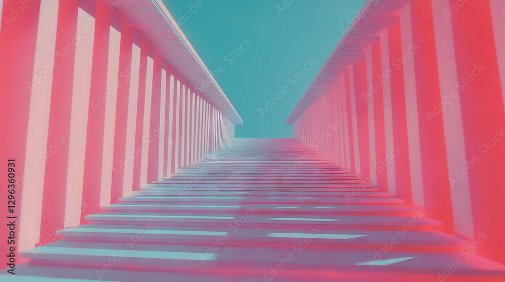 Poster surreal endless staircase with vibrant colors for dreamy design concepts