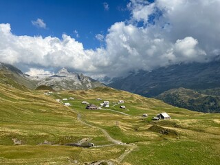 Obraz premium Alpine meadows and pastures on the slopes of the Uri Alps mountain massif, Melchtal - Canton of Obwalden, Switzerland (Kanton Obwald, Schweiz)