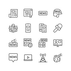 News and Media, linear style icons set. Journalism, broadcasting, and digital news consumption. Featuring newspapers, microphones, press badges, and online media platforms. Editable stroke width