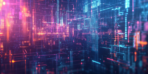 A futuristic abstract background featuring neon glitch effects seamlessly blending into a digital holographic matrix. The glowing distortions and pixelated reflections create a high-tech cyberpunk