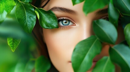 A serene beauty, her face framed by lush green leaves, exudes natural radiance. Close-up on a woman is face, adorned with a delicate green leaf, symbolizing healthy skin and beauty treatments. A