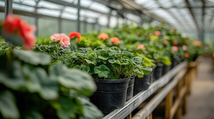several flower pots filled with blooming evergreen begonias inside a greenhouse, emphasizing the rich colors