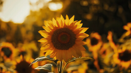 Naklejka premium Golden sunflower in full bloom stands against a soft blurred background of a field of sunflowers, illuminated by warm sunlight