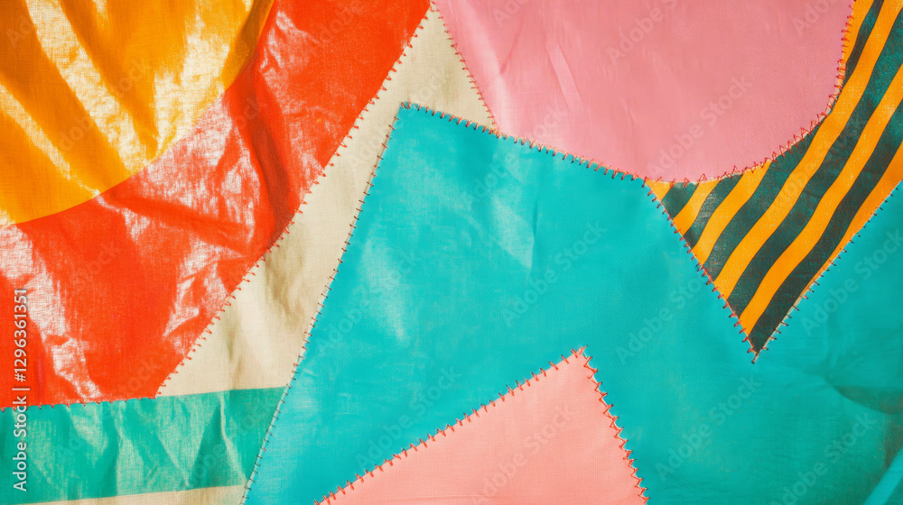 Poster Colorful fabric patchwork background with stitched geometric triangle patterns