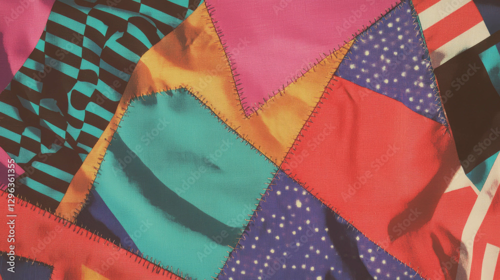 Aufkleber vibrant patchwork design with colorful fabric cutout triangles and stitched patterns for textile art