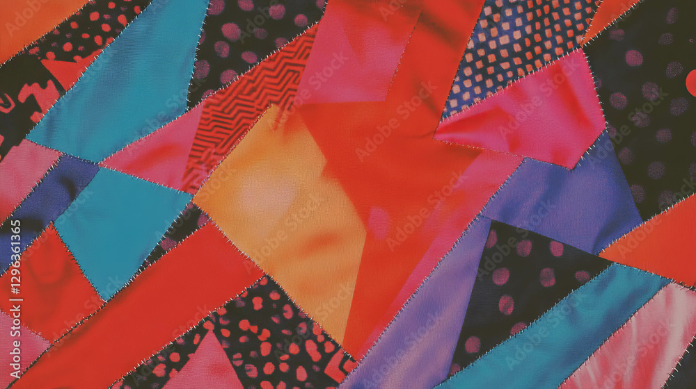 Poster colorful fabric patchwork of cutout triangles and stitched patterns for creative design