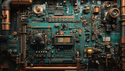 Steampunk-style circuit board with intricate copper and teal details.