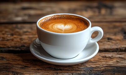 A cup of coffee on a warm wooden table in a warm atmosphere