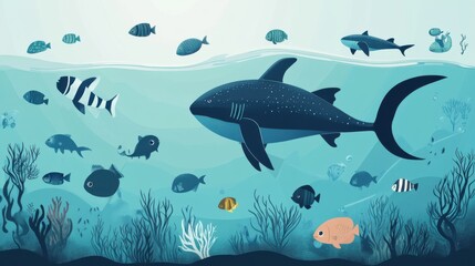 Naklejka premium An educational infographic of the marine food chain, featuring plankton,
