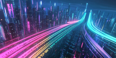 A breathtaking 3D music background featuring a massive neon equalizer stretching infinitely across a futuristic cityscape. The pulsating, colorful sound waves create an abstract visualization of