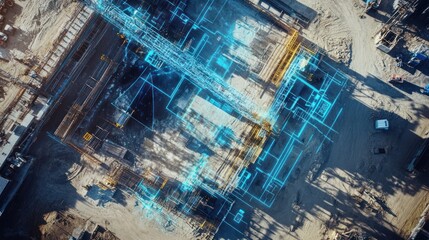 Aerial view Oil rig construction, digital overlay, site progress