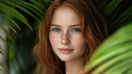 Naklejka premium A young woman with cascading auburn hair and piercing blue eyes, her smile radiating warmth, stands gracefully against a backdrop of lush green palm leaves, her ethereal presence capturing the beauty