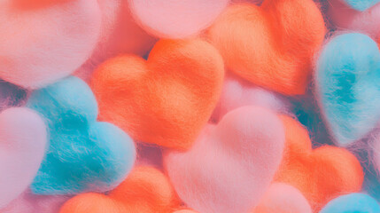 Colorful felt heart cutouts with soft texture background for romantic designs