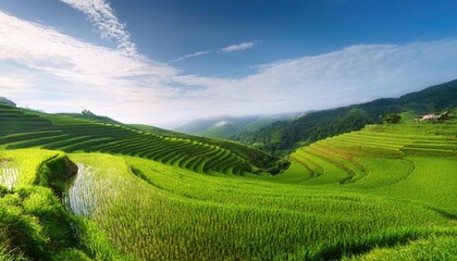 Obraz premium serene rice terrace with lush green layers and tranquil sky 