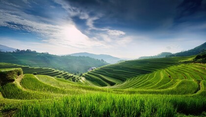 Fototapeta premium serene rice terrace with lush green layers and tranquil sky 