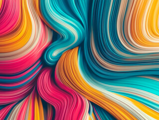 Fototapeta premium A mesmerizing abstract digital artwork featuring fluid, swirling strokes of pink, blue, yellow, and beige, creating a dynamic sense of movement and texture, resembling flowing paint or fabric.