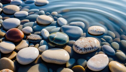 Smooth river stones submerged in clear water showing natural textures and colors Perfect for relaxation and spa themes