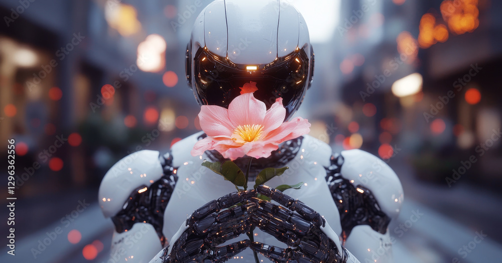 Poster In a lively urban backdrop, a humanoid robot holds a fragrant flower close to its face, conveying a message of peace and connection with nature.